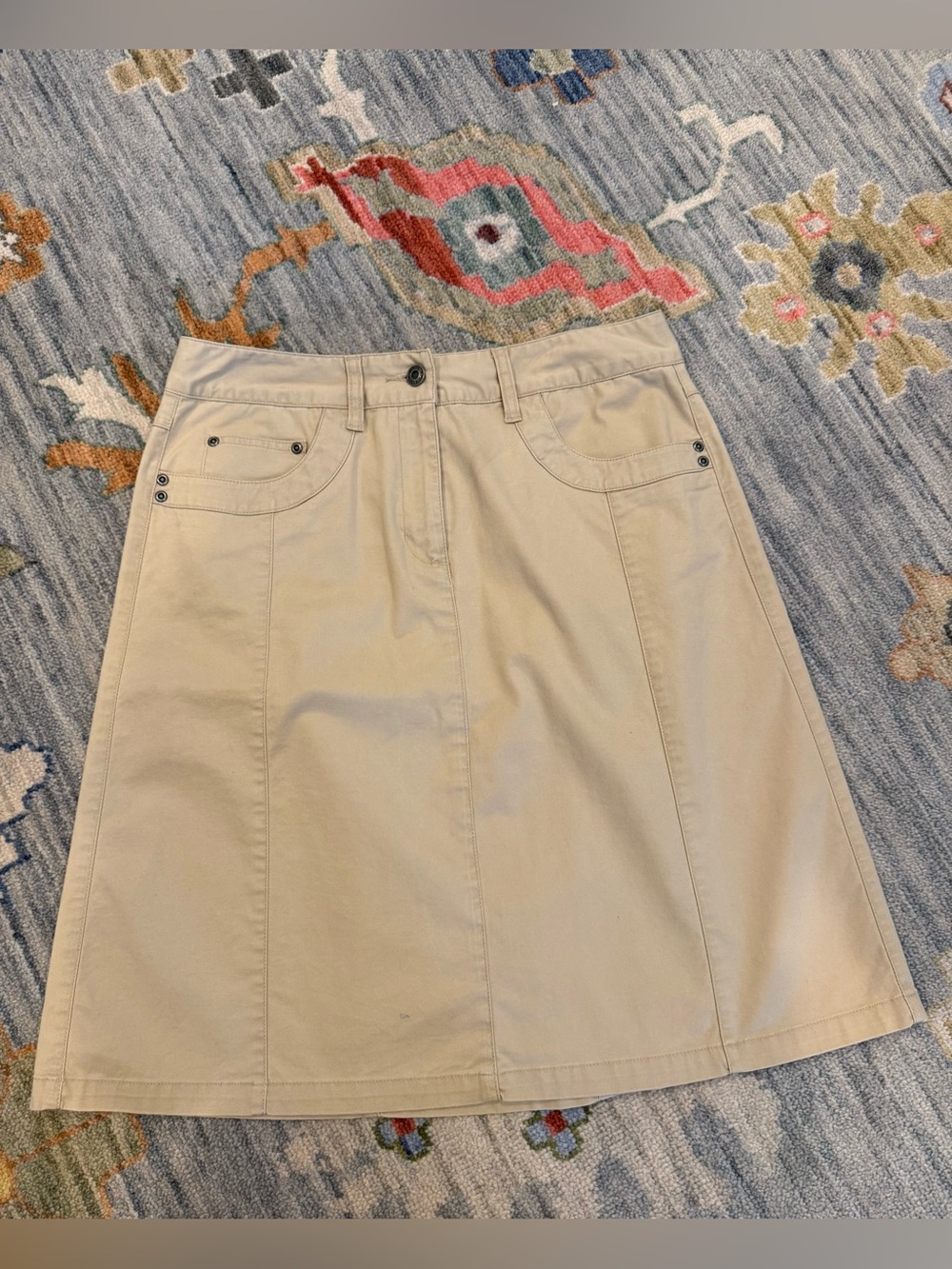 Talbots Classic Cotton A-Line Skirt | Khaki Button Front | Size 10 stretch